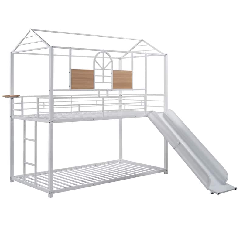 White Twin over Twin Metal House Bunk Bed with Slide for Kids