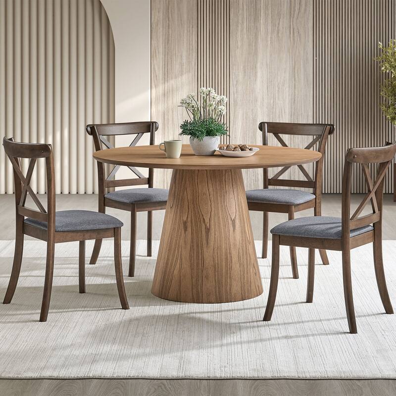 5-piece Wooden Round Dining Table Set Kitchen Table Set with X-shaped Backrest Chairs & Waterproof Tabletop