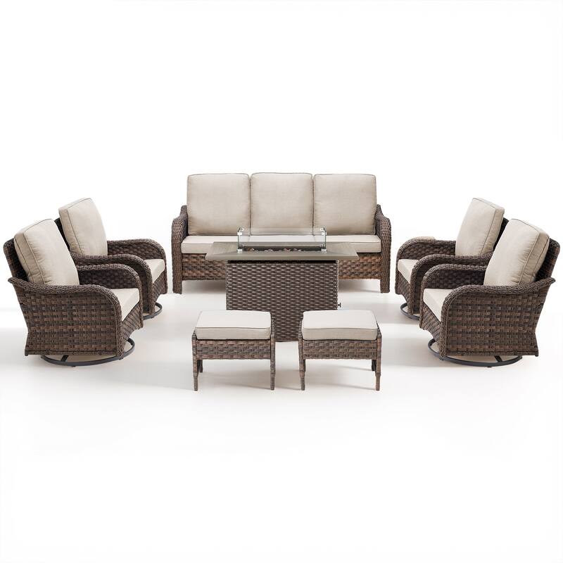 Pocassy Patio Funiture Sofa Swivel Chairs Ottoman with Fire Table Set