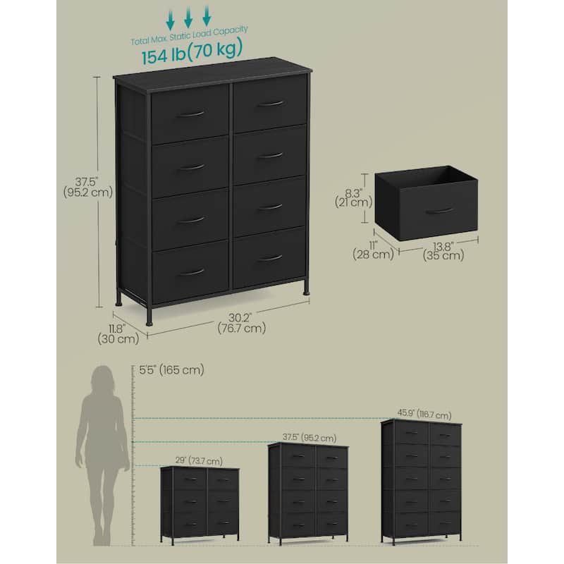 Drawer Fabric Dresser with Steel Frame & Wood Top Modern Storage Chest for Bedroom Closet or Living Room - Ink Black + Ebony Black - 8-drawer