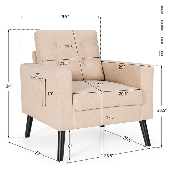 dimension image slide 4 of 6, Costway Set of 2 Modern Tufted Accent Chair Linen Upholstered Armchair