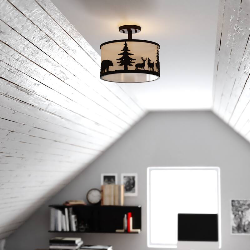 Acadia 13-in W Bronze Rustic Semi Flush Mount Ceiling Light White Linen Deer Tree - 13-in W x 11.25-in H x 13-in D