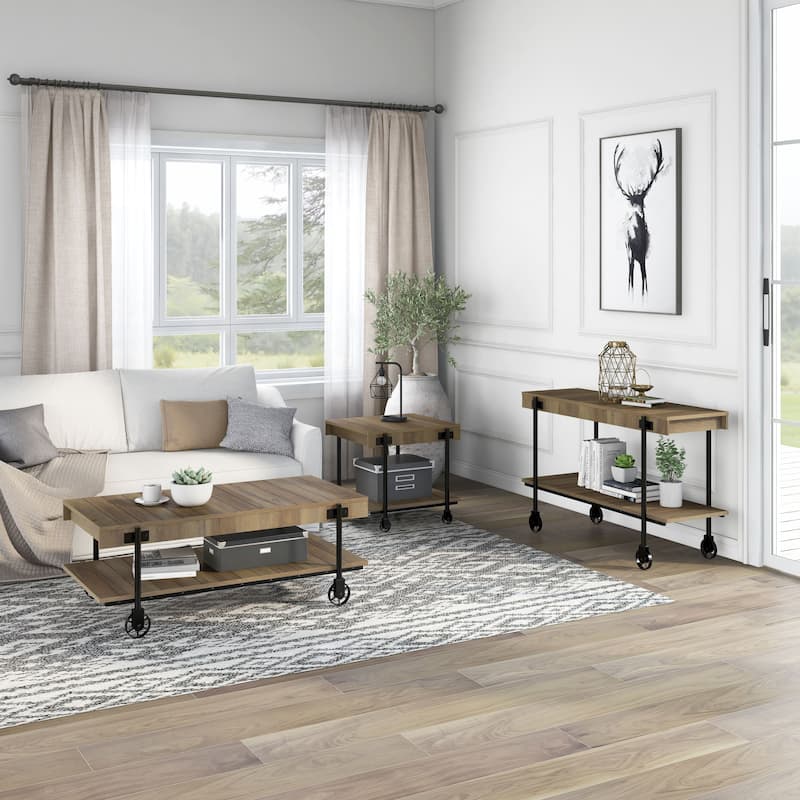 Hyssop Farmhouse Steel 3-Piece Coffee Table Set with Shelf by Furniture of America - Rustic Oak