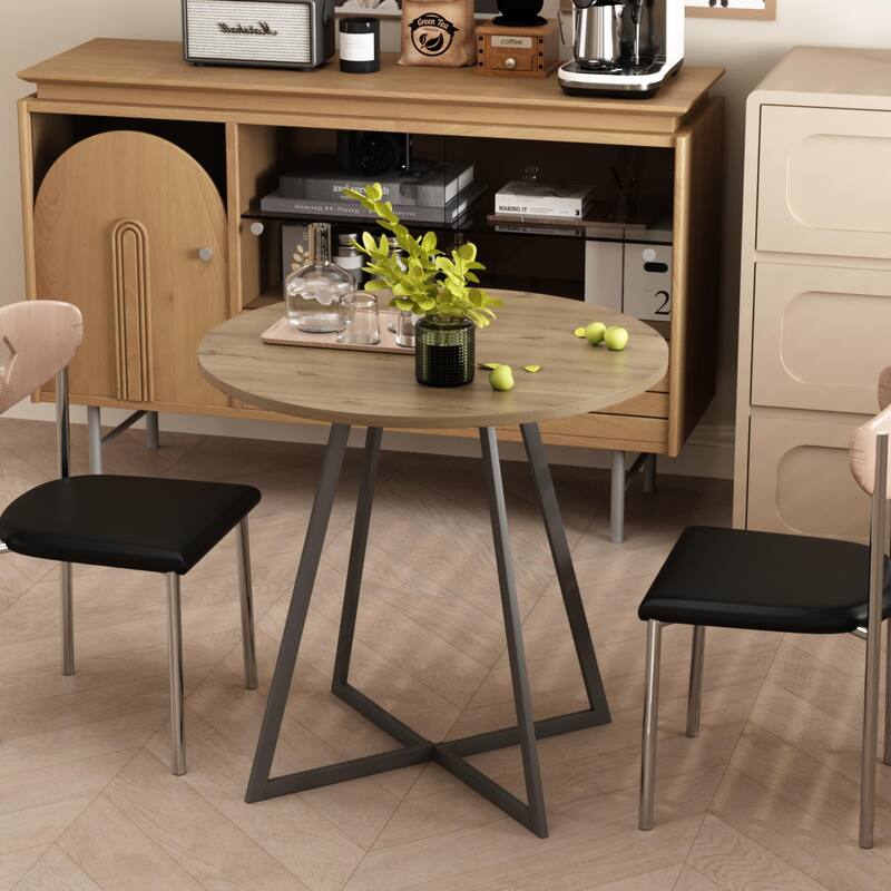 Anmytek Round Dining Table Modern Wood Top and Metal Frame Brown Industrial Kitchen Table - Brown+Black