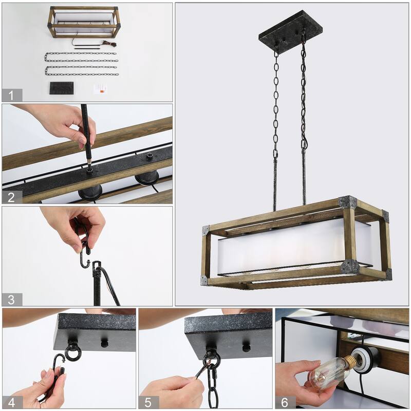 Farmhouse Rustic 4-Light Wood Chandelier for Kitchen Island - L27.5"x W10"x H10"