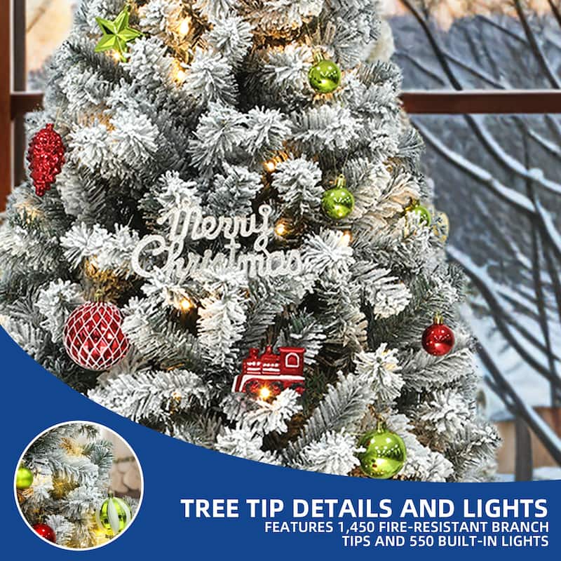 6 /7.5 /9 ft Prelit Snow Flocked Christmas Tree with Remote, 11 Light Modes & Foldable Base