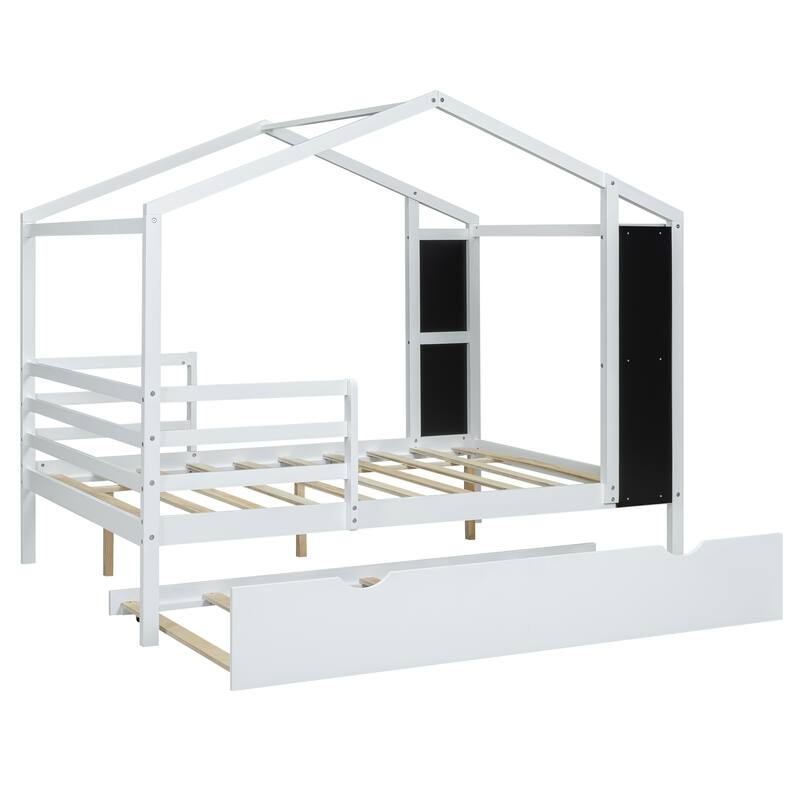 Wood House Bed with Fence and Writing Board
