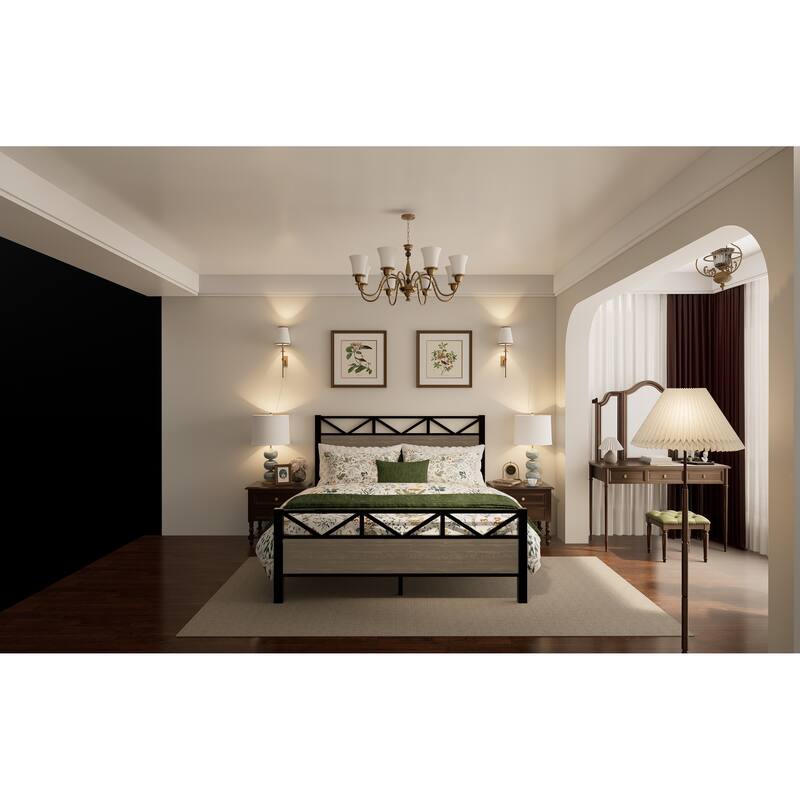 Full Size Bed Frame,Easy Assembly, Brown - Black+Brown