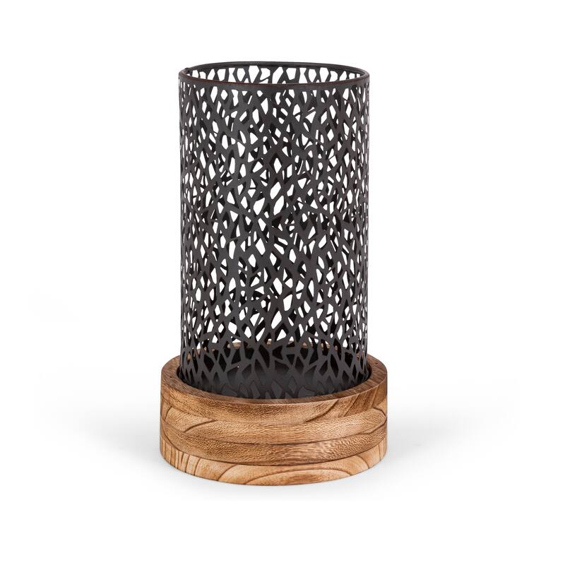 12.2 in H Metal Rustic Brown Cylinder Lantern with Wooden Base