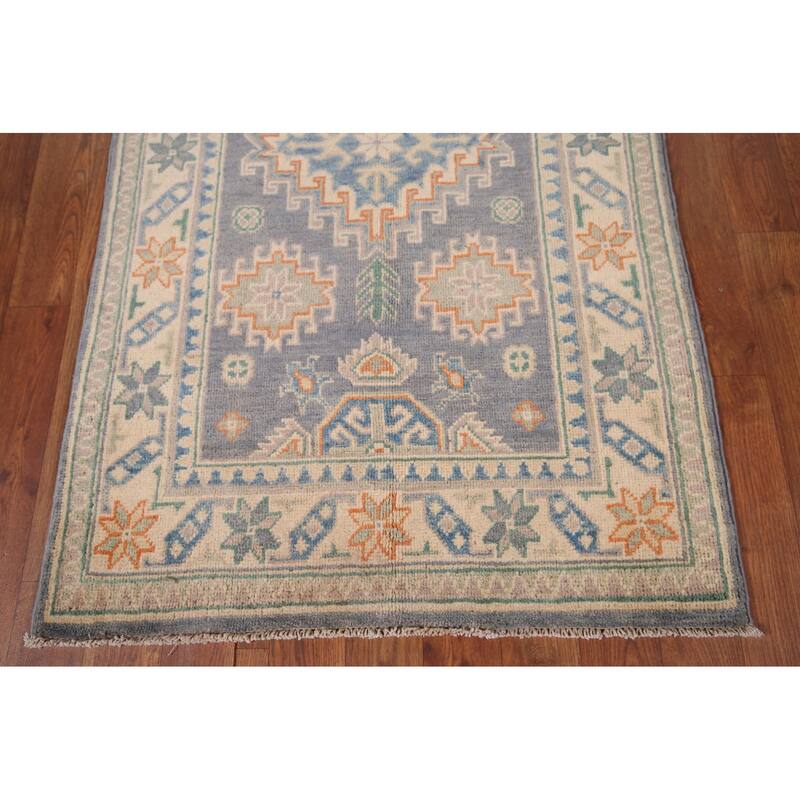 Geometric Kazak Accent Rug Hand-Knotted Grey Wool Carpet - 2'7" x 4'2"
