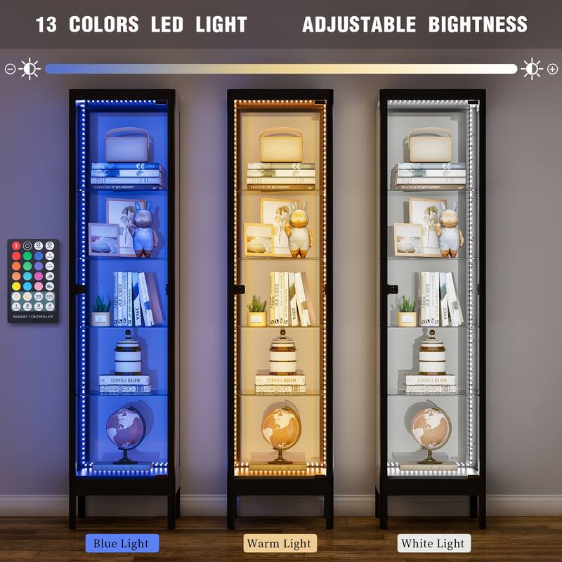 5-Tier Tempered Glass Curio Display Cabinet with Adjustable Shelves - 63"H x 15.4"W x 15.8"D