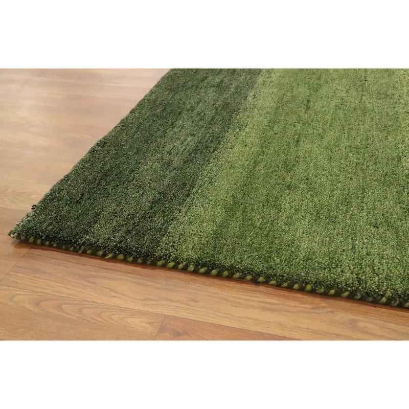 Hand Knotted Oriental 100% Wool Carpet Modern Stripe Green Gabbeh Area Rug - 6' 7'' X 4' 10''