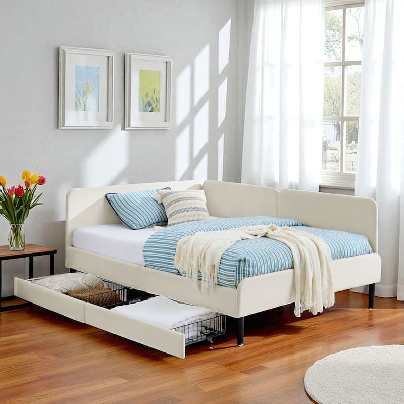 Twin Size Upholstered Platform Sofa Bed with Velvet Cushions and 2 Storage Drawers, Convertible Daybed Frame - Beige - Full