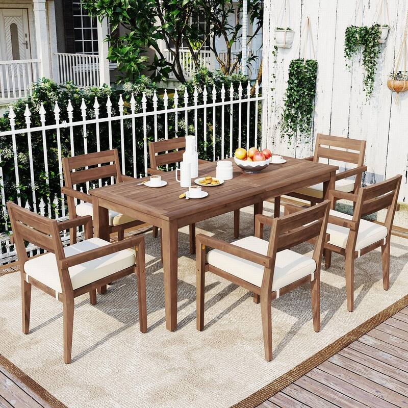 Acacia Wood 7-Piece Outdoor Dining Table and Chairs Set for Patio Balcony or Backyard Entertaining - Burly Wood