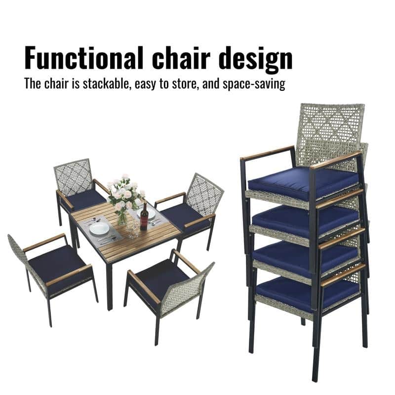5-Piece All-Weather Outdoor Dining Set - Acacia Wood Table with Umbrella Hole & Rattan Chairs (Patio Conversation Group)‌