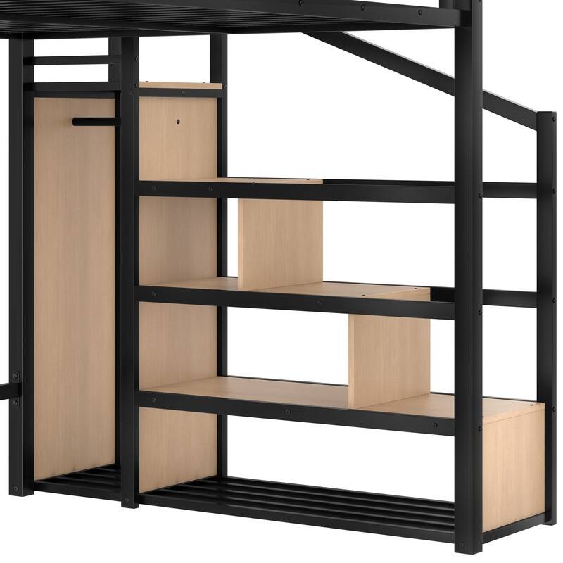 Queen Size Loft Bed with Storage Staircase & Open Wardrobe, Metal Kids Teens Bed Frame with Charging Station & LED Light