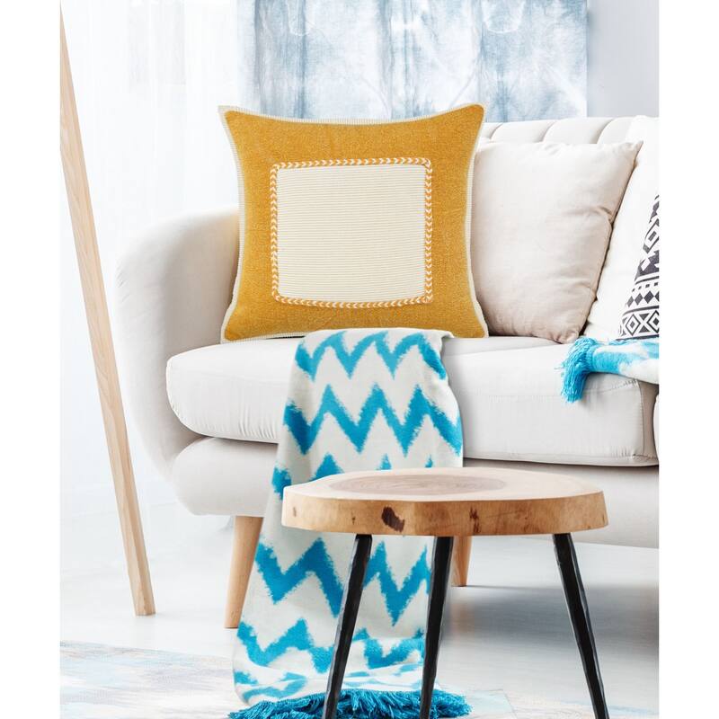 20" Yellow and Cream Framed Square Throw Pillow