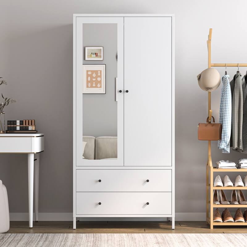 Metal Armoire Wardrobe Closet with 2 Drawers and Mirror Door and Hanging Rod, Metal Clothing Storage Cabinet Garment Organizer
