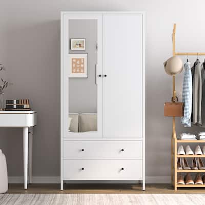 Mirror Door Wardrobe White Armoire Closet Metal Clothes Storage Cabinet