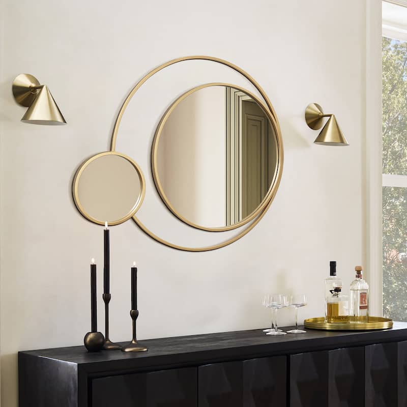 Orbit Modern Gold Metal Frame Round Wall Mirror - 25.6" H x 31.5" W x 0.79" D