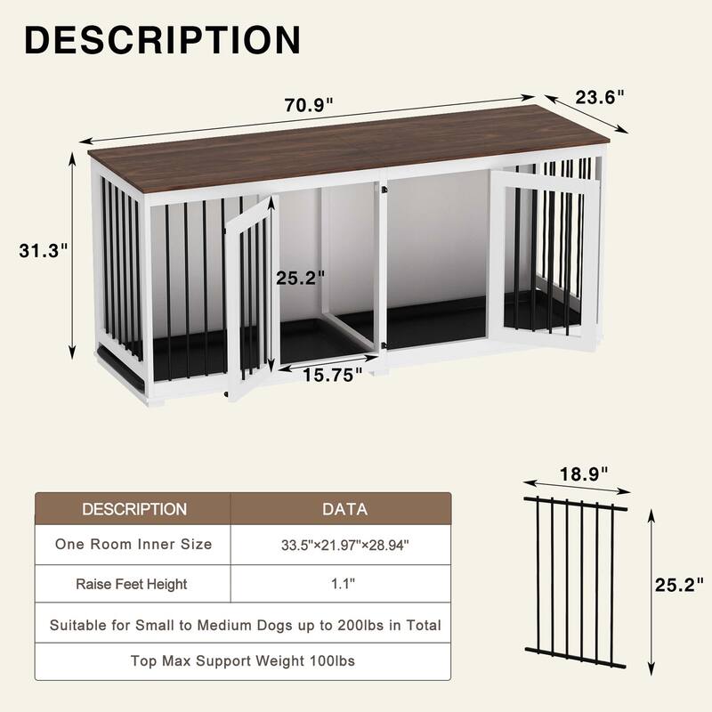 70.9" Large Double Wooden Dog Crate Furniture, Kennel with Dividers