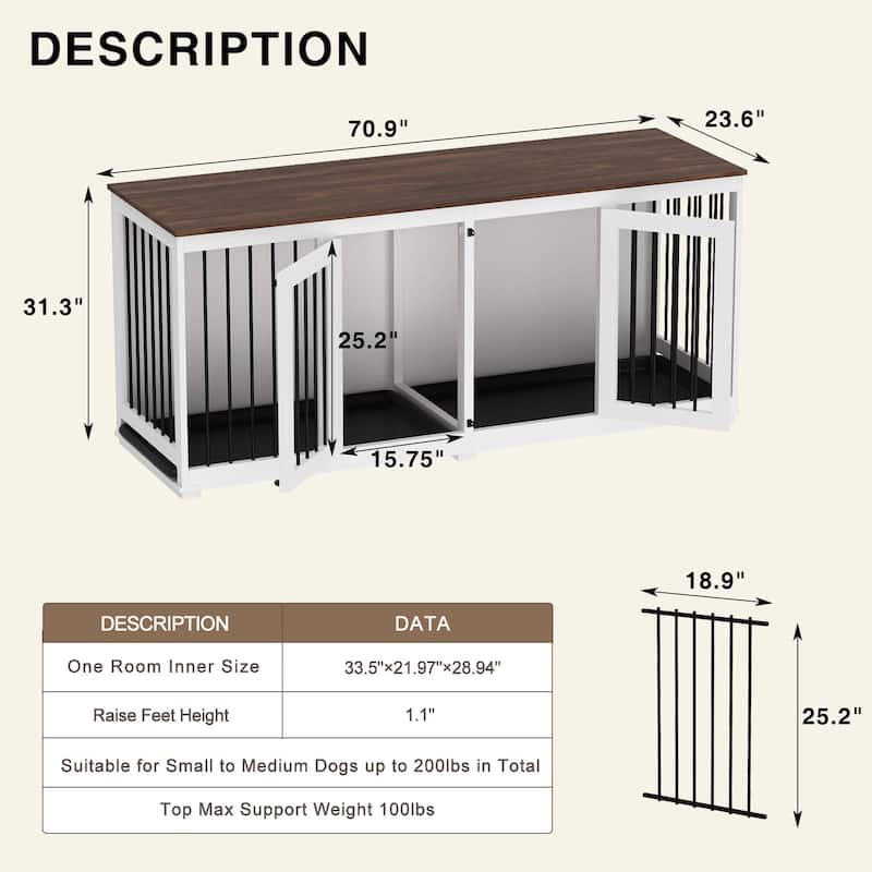 Large Dog Crate Furniture, 70.9"L Wooden Dog Crate Kennel with Divider