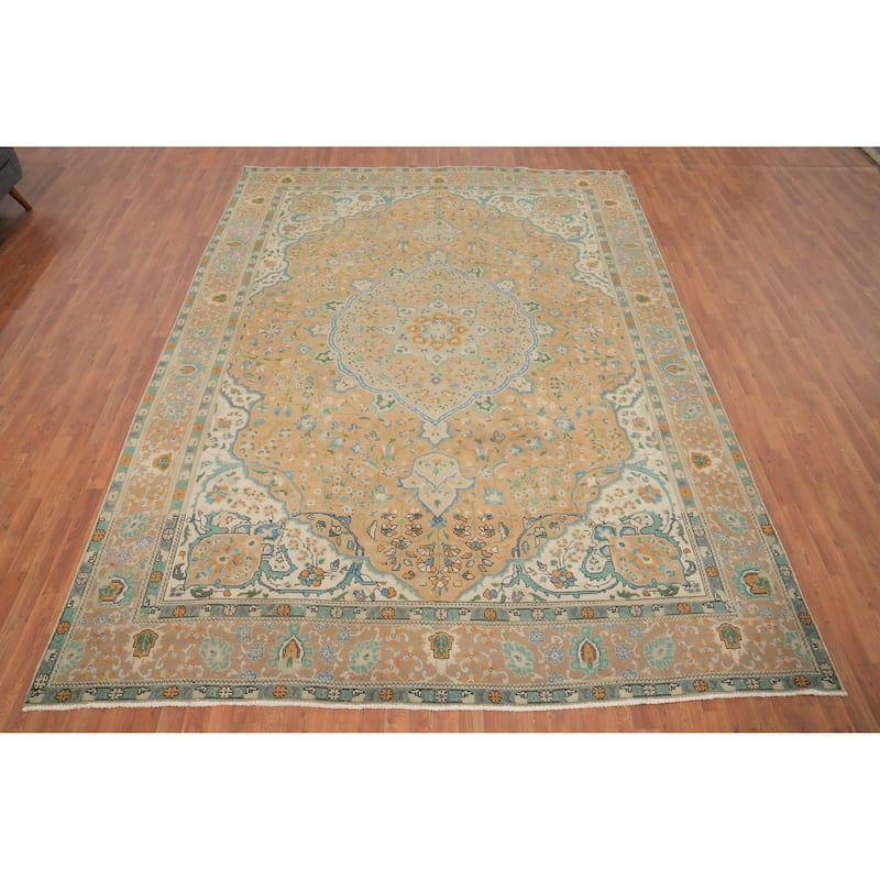 Hand Knotted Oriental 100% Wool Carpet Traditional Floral Peach Tabriz Area Rug - 12' 6'' X 9' 6''