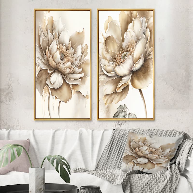 Designart "Indigold Beige Flower III" Floral Framed Wall Art Set Of 2 - Beige Gallery Wall Set For Home Decor
