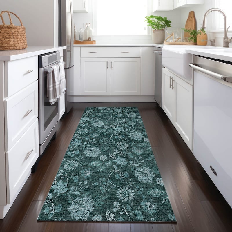 Machine Washable Indoor/ Outdoor Chantille Floral Farmhouse Rug - Teal - 2'3" x 7'6"