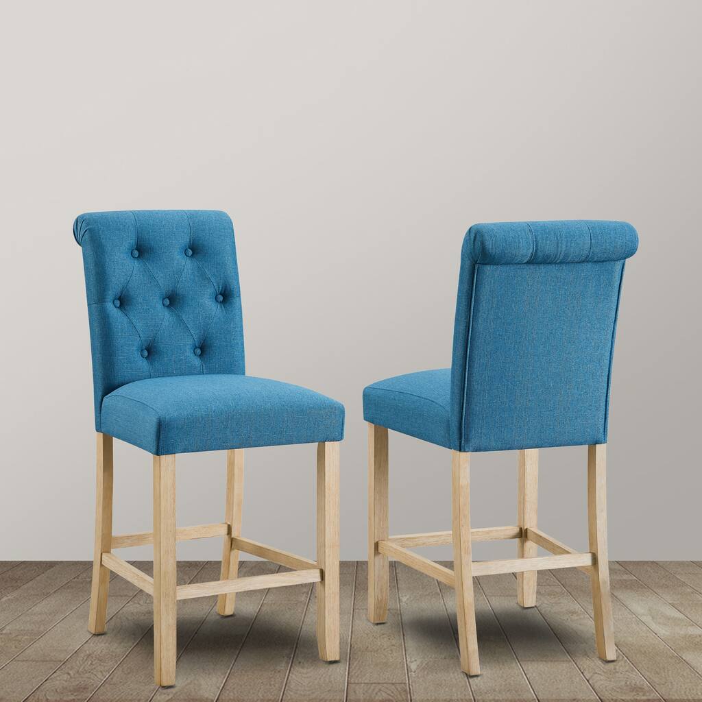 Counter Height Button Tufted Back Solid Wood Stools, Set Of 2