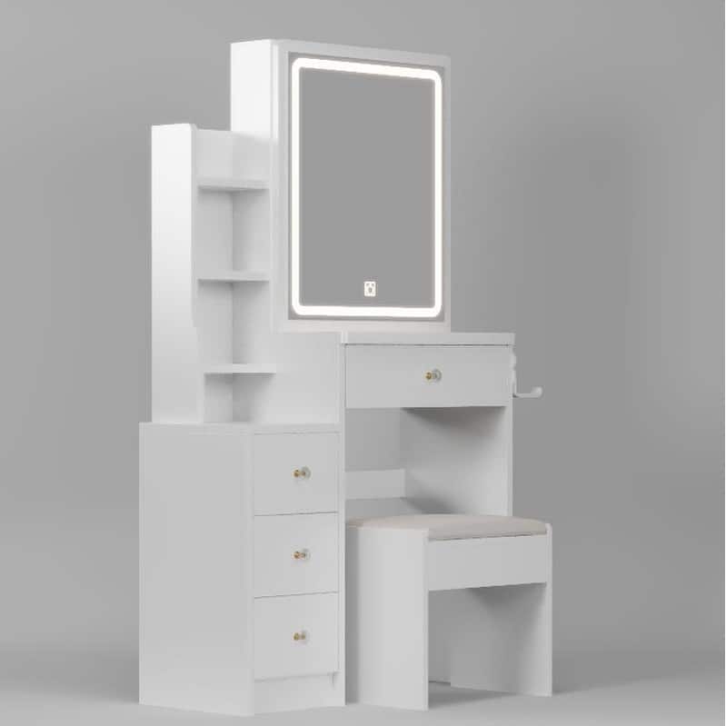 Modern Style Wood Make up Vanity with Lights,Make up Organizer with Cushioned Stool