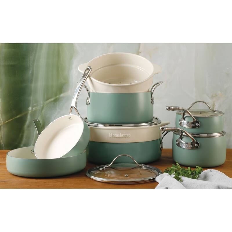 Bloomhouse 12 Piece Aluminum Enamel Cookware Set w/ Non-stick Non-toxic Ceramic Interior and Ceramic Steamer Insert