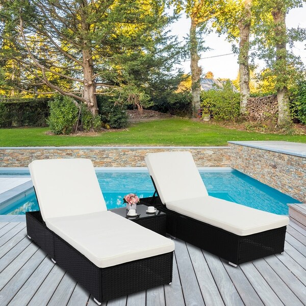 Outdoor 3PCS Wicker Chaise Lounge Set Beige Cushions and Black