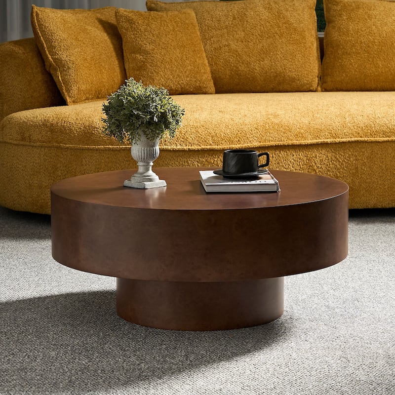 31.49" Faux Burl Wood Pattern Decal Coffee Table with Sturdy Pedestal, for Living Room Office Apartment Walnut