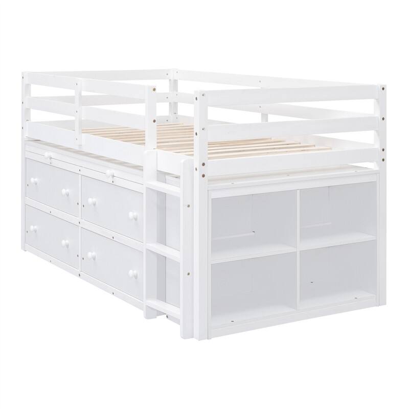 Twin/Full Size Low Loft Bed with Retractable Writing Desk and 4 Drawers, Wooden Loft Bedframe w/ Lateral Portable Desk & Shelves