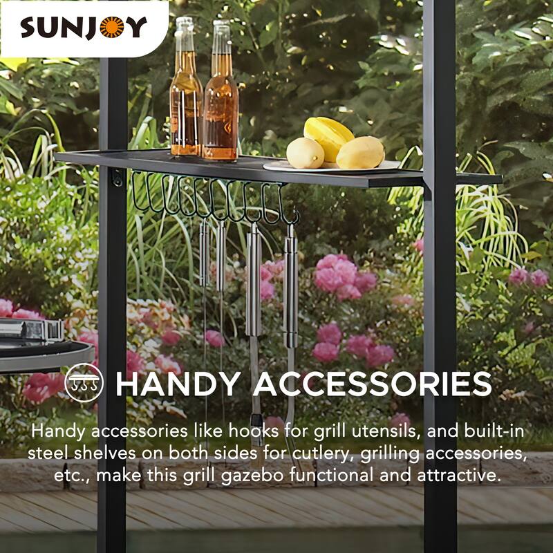 Sunjoy 5 Ft. x 8 Ft. Black Steel 2-Tier Grill Gazebo with Gray and Black Canopy