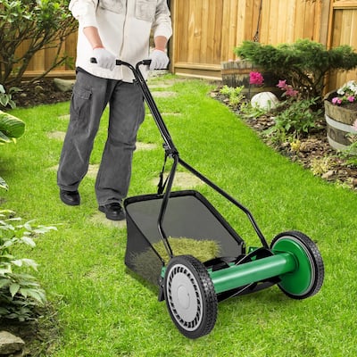 Green Steel Manual Reel Lawn Mower with 4 Heights and Grass Catcher Bag - 21" L x 28" W x 49" H