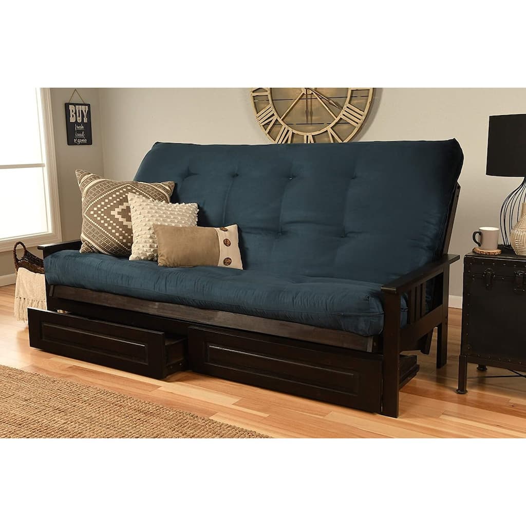 85 in. Espresso/Suede Navy Polyester Upholstered Queen Size Futon Set with Mattress and Storage Drawers