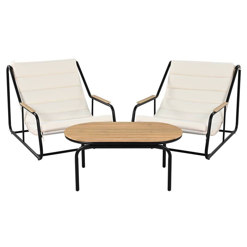 Outdoor Chaise Lounge Chairs Set of 3, Patio Chaise Lounge Chair with Acacia Side Table