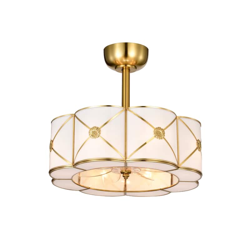 Strancta Scalloped Round White Gold Trim Tiffany Glass Lighted Ceiling Fandelier with Remote