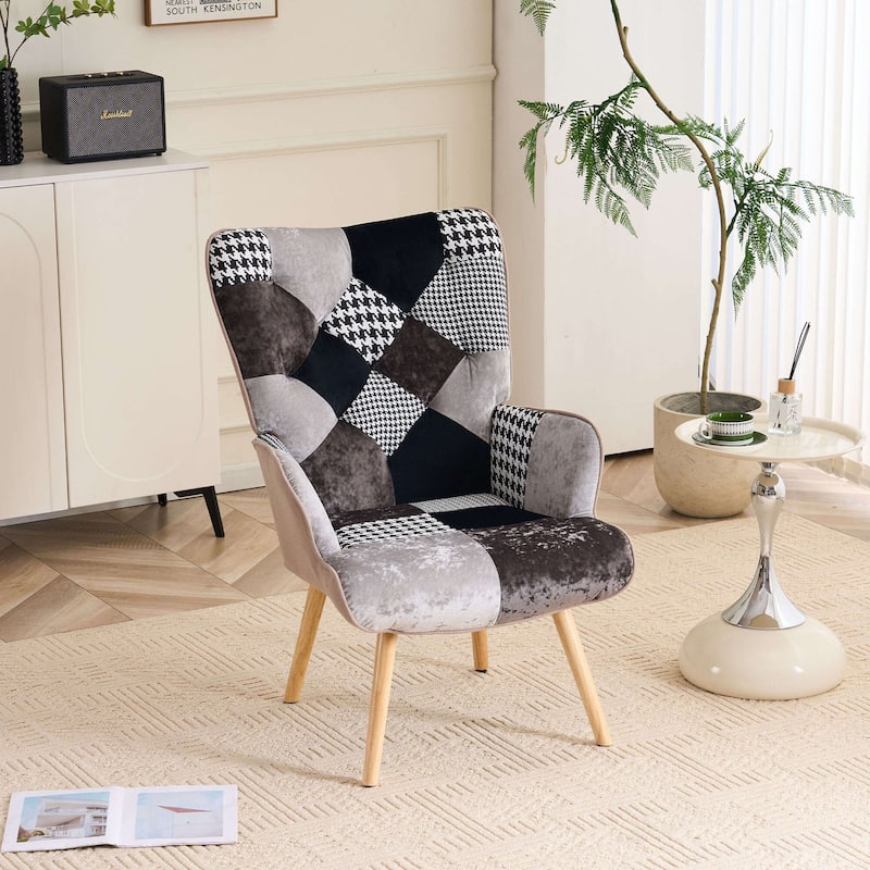 FERPIT Upholstered Wingback Accent Chair with Rubberwood Legs & Levelers - Houndstooth