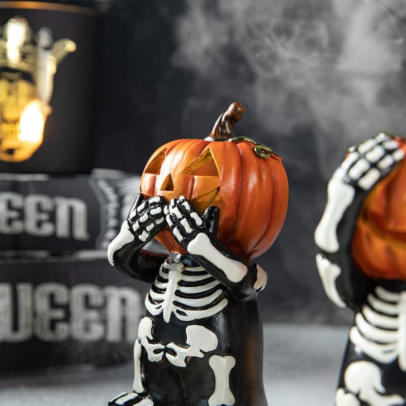 Glitzhome 5.75"H Set of 3 Halloween Resin Skeleton Pumpkin Table Decor - Black