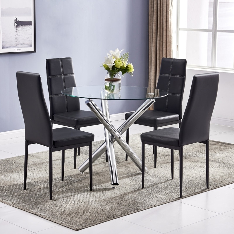 Modern Tempered Glass Table and Upholstered Chair 5-piece Dining Set