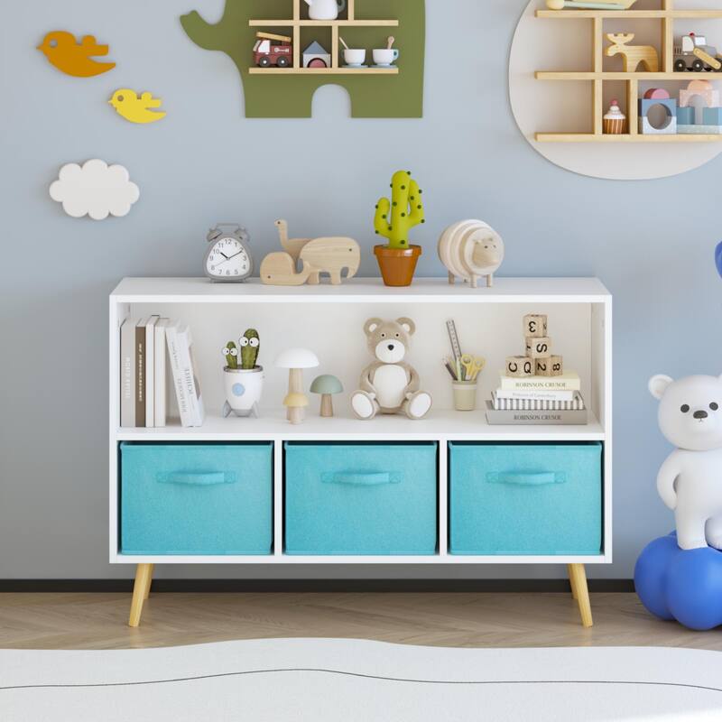 Anmytek White/Gray Kids Storage Organizer with Fabric Drawers White Bookcase Toy Display Shelf