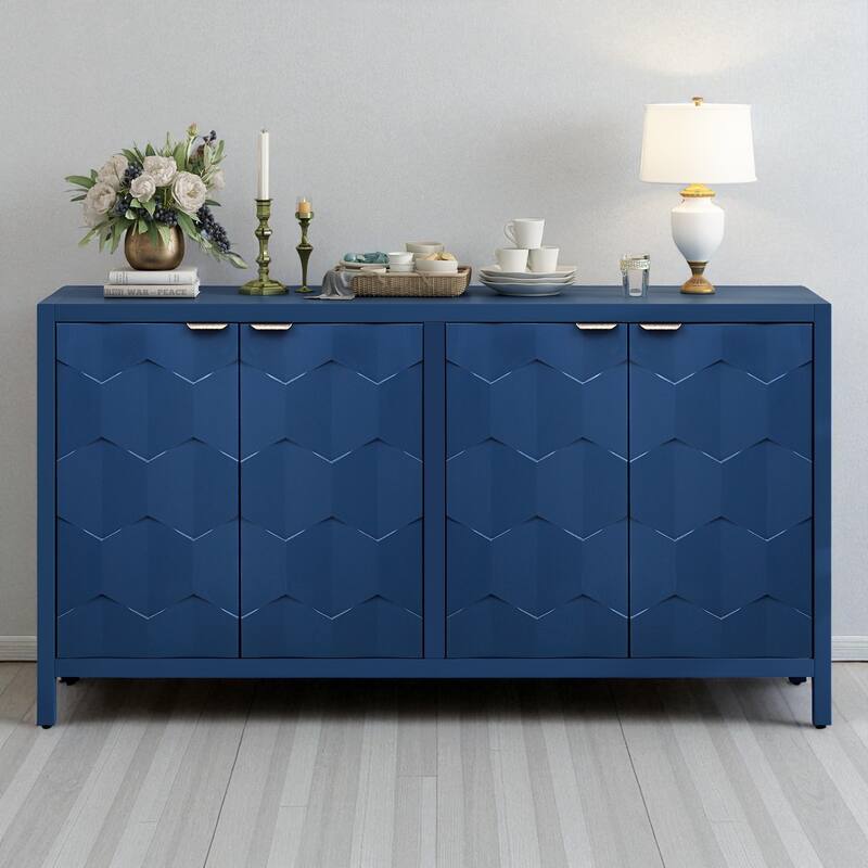 Luxurious Four-Door Sideboard with Honeycomb Pattern and Vintage Metal Handles - 59.60" MDF Cabinet - Navy Blue