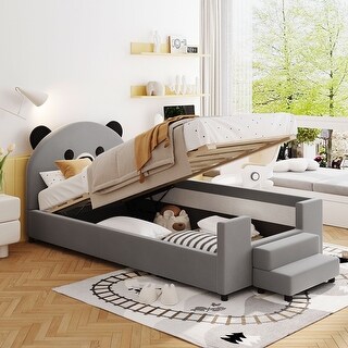 Twin Gray Upholstered Bed Daybed Frame with Bear Shaped Headboard, Hydraulic System & Breathable Mesh Fence for Boys Girls