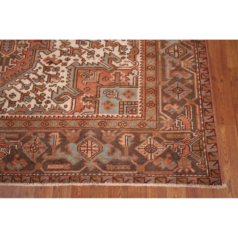 Orange Geometric Heriz Persian Vintage Area Rug Handmade Wool Carpet - 7'2"x 9'8"