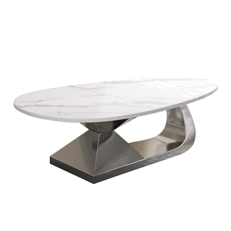 GDFStudio - Contemporary 51.2" Oval Sintered Stone Coffee Table with Sculptural Stainless Steel Base