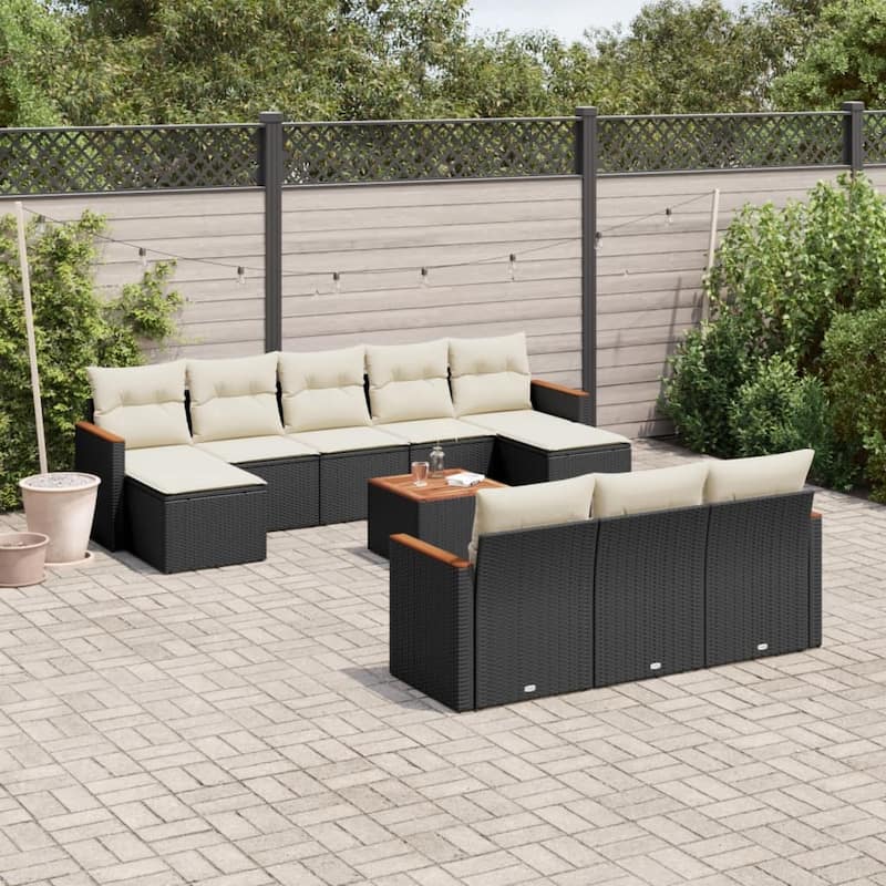 vidaXL Patio Sofa Set with Cushions Outdoor Conversation Furniture Poly Rattan - 21.7 x 21.7 x 14.6 in - Black and cream with table