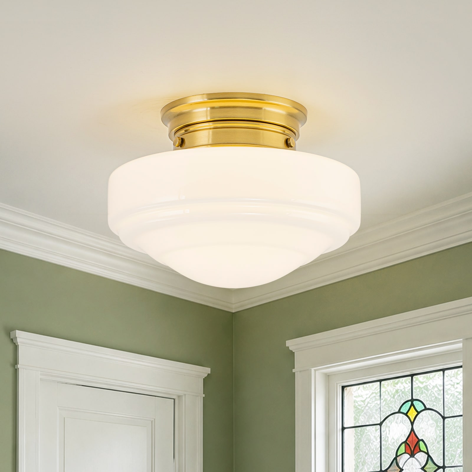1-Light Gold Dome Flush Mount Ceiling Light with Opal Glass